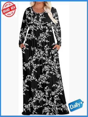 Plus Size Maxi Dress Long Sleeve with Pockets Casual Winter